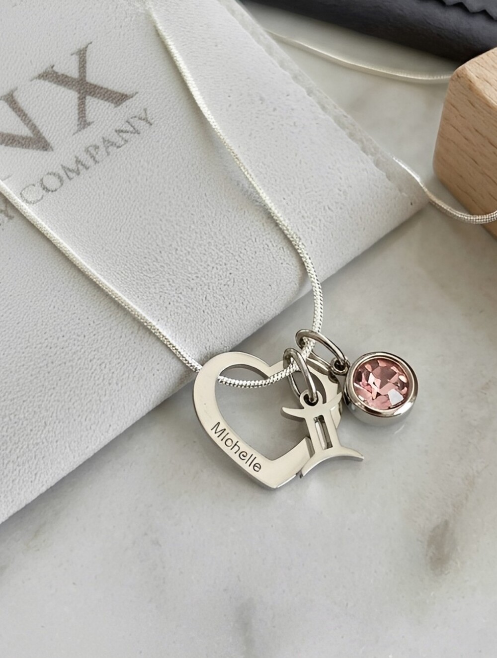 Personalized Name Heart, Birthstone & BirthSign Trio Dangle Charm 20 In Necklace
